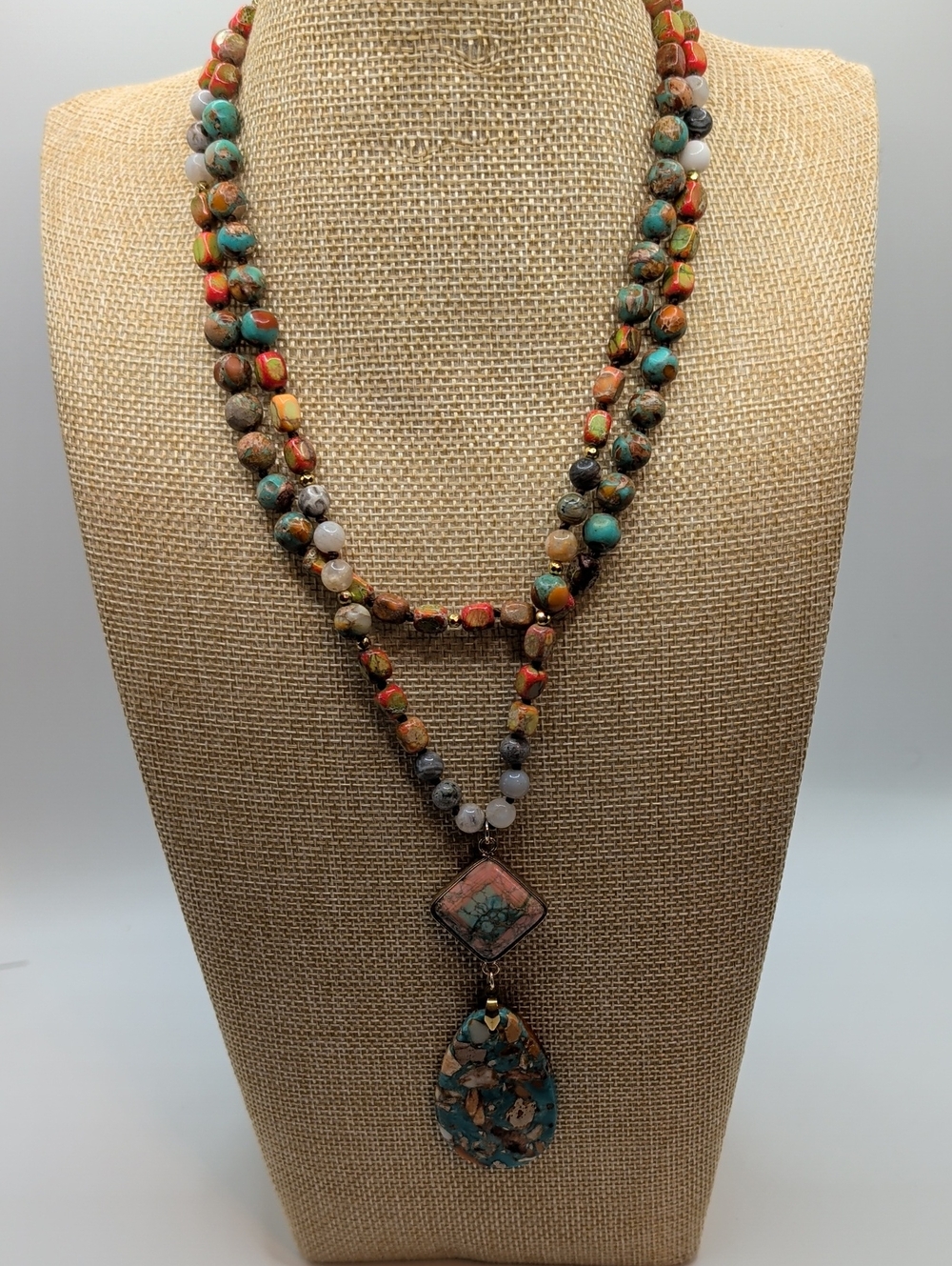 Multi-Color Beaded Pendant Necklace - Turquoise & Coral Accent
